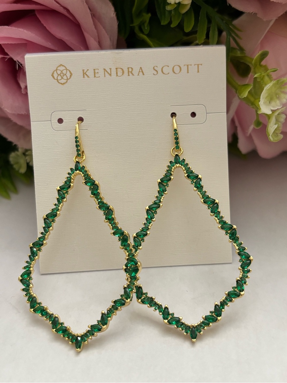 NWT Kendra Scott Sophee Open Frame Earrings in gold green crystals